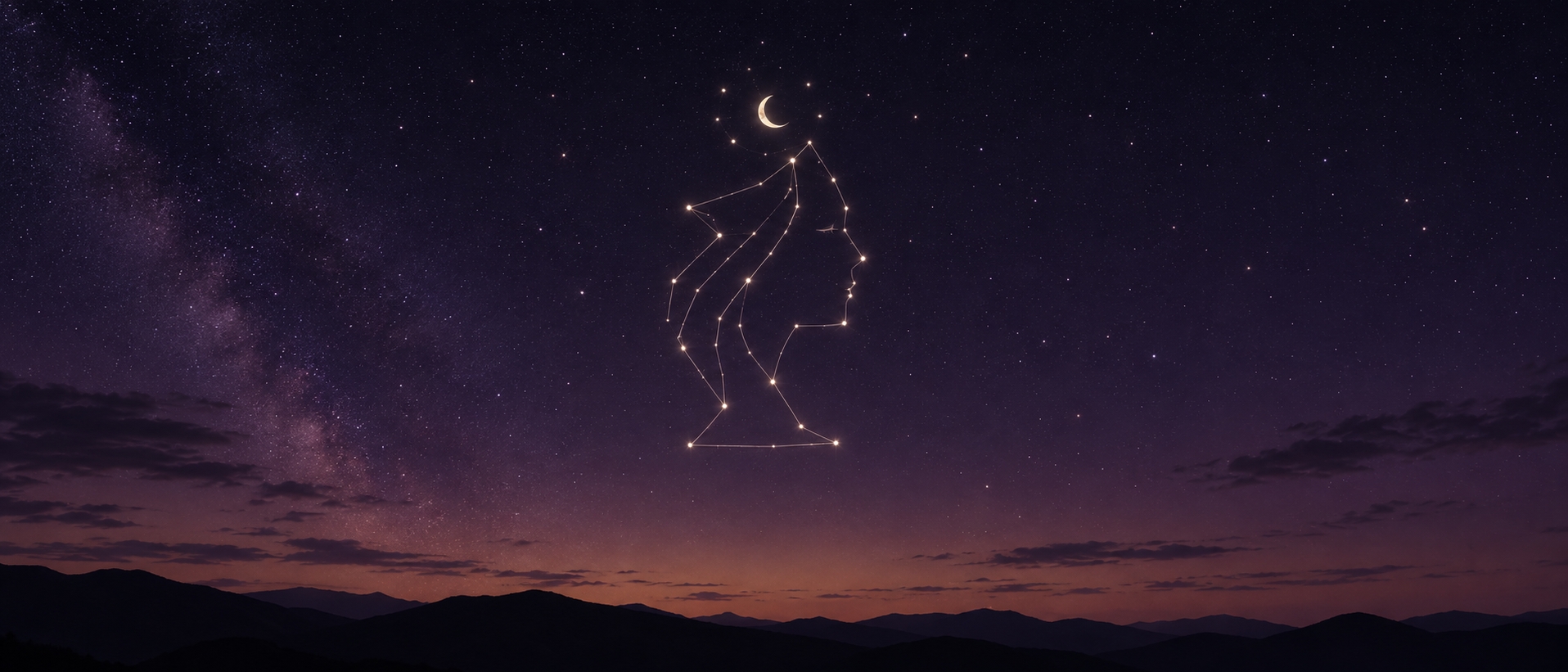A constellation shaped like a seer's silhouette rising over twilight mountains